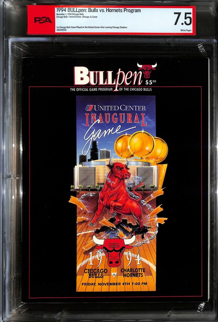 Chicago Bulls Bullpen Program United Center Debut 1994 PSA 7.5 Pop 1 of 1: Chicago Bulls Bullpen Program United Center Debut 1994 PSA 7.5 Pop 1 of 1 This is an original BULLpen game program from the inaugural Chicago Bulls regular-season game at the United Center on November