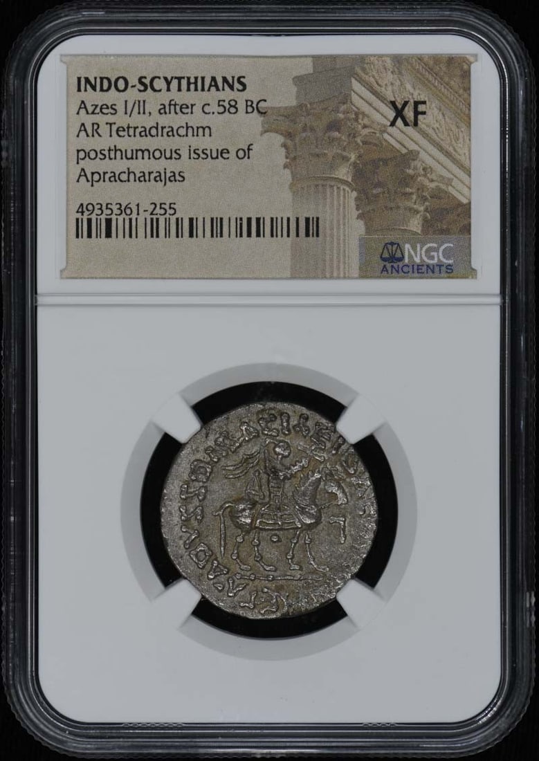 NGC XF40 Indo-Scythian Silver Tetradrachm of Azes I or II: NGC XF40 Indo-Scythian Silver Tetradrachm of Azes I or II This is an Azes I/II Indo-Scythian AR Tetradrachm coin dating to after approximately 58 BC. It has been certified by NGC with a grade of XF40,