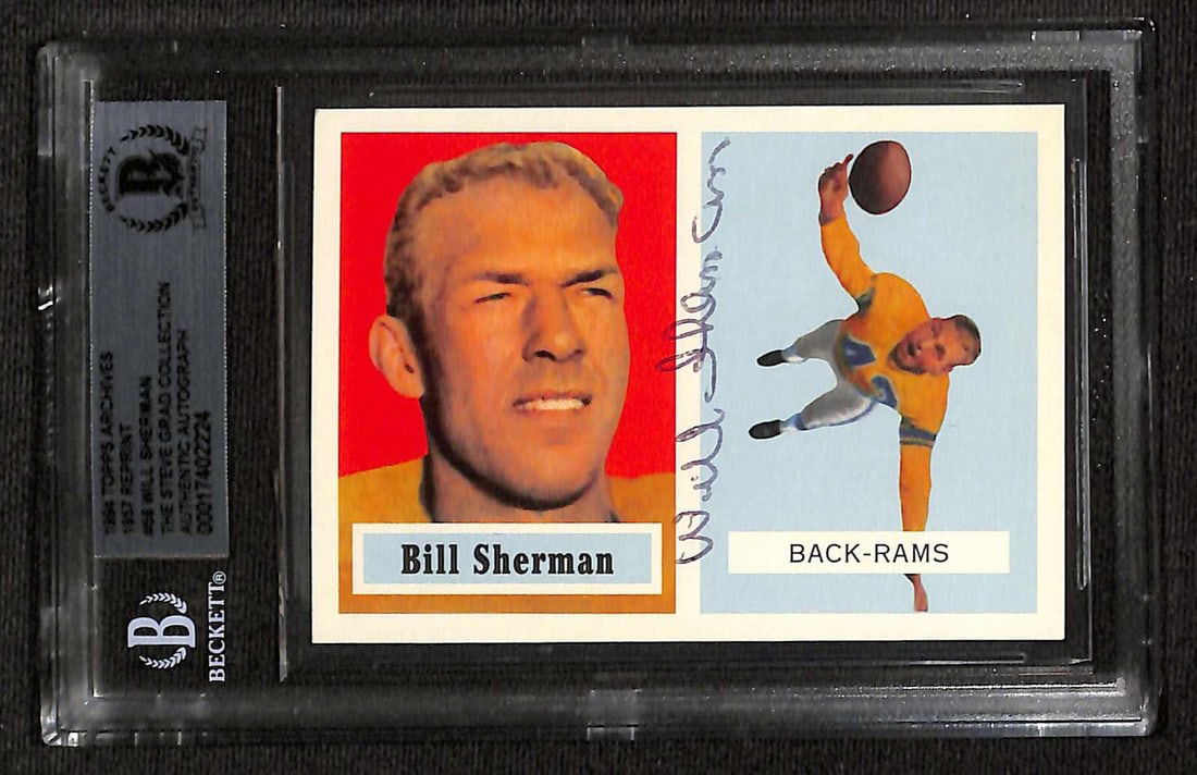 Will Sherman Signed 1994 Topps Archives 1957 #58 Card Beckett Authenticated: Will Sherman Signed 1994 Topps Archives 1957 #58 Card Beckett Authenticated This item is an autographed 1994 Topps Archives 1957 #58 sports trading card featuring Will Sherman, a former Defensive Back
