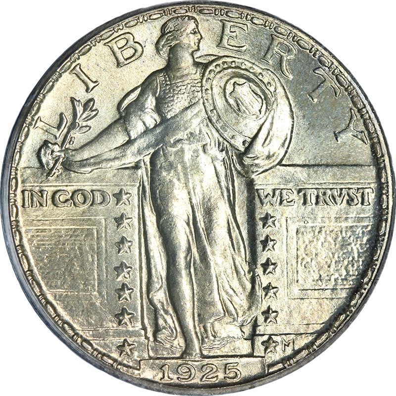 PCGS MS64 1925 Philadelphia Standing Liberty Silver Quarter Exceptional Luster: PCGS MS64 1925 Philadelphia Standing Liberty Silver Quarter Exceptional Luster This 1925-P Standing Liberty Quarter is graded PCGS MS64, indicating a high-quality, uncirculated coin with superb eye ap