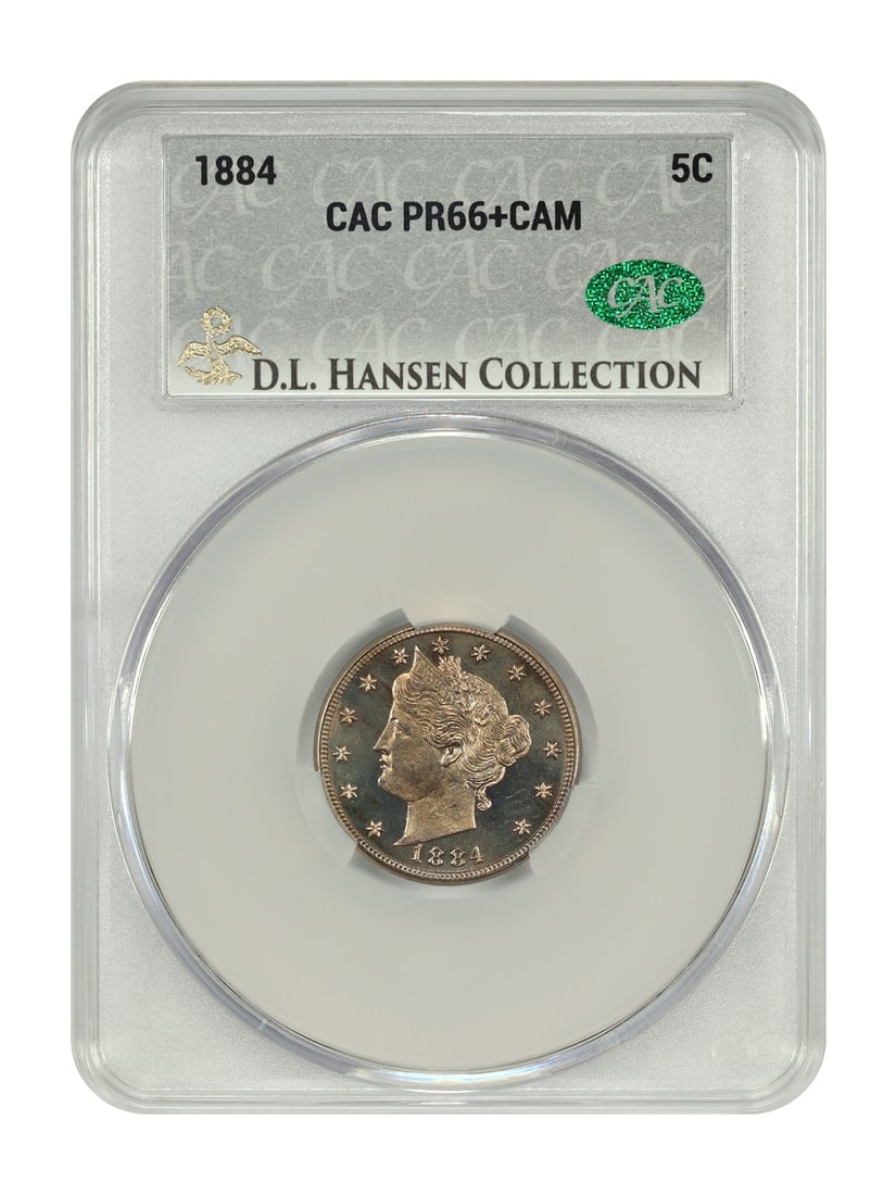 1884 Liberty Nickel CACG PR66+CAM D.L. Hansen Elite Proof 5C: 1884 Liberty Nickel CACG PR66+CAM D.L. Hansen Elite Proof 5C This stunning 1884 Liberty Nickel is a CACG certified gem, boasting a PR66+CAM grade, indicating its exceptional quality. With a striking t