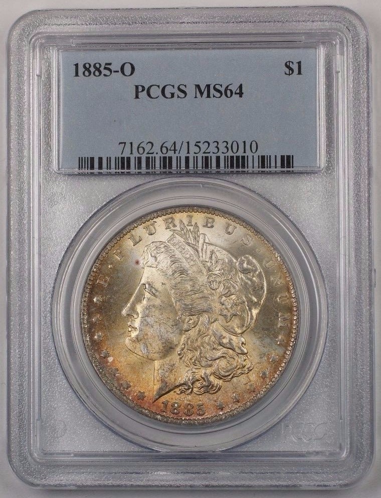 PCGS MS-64 1885-O Morgan Silver Dollar $1 New Orleans Nicely Toned: PCGS MS-64 1885-O Morgan Silver Dollar $1 New Orleans Nicely Toned This 1885-O Morgan Silver Dollar is a $1 coin minted in New Orleans. Certified by PCGS with a grade of MS-64, it features attractive