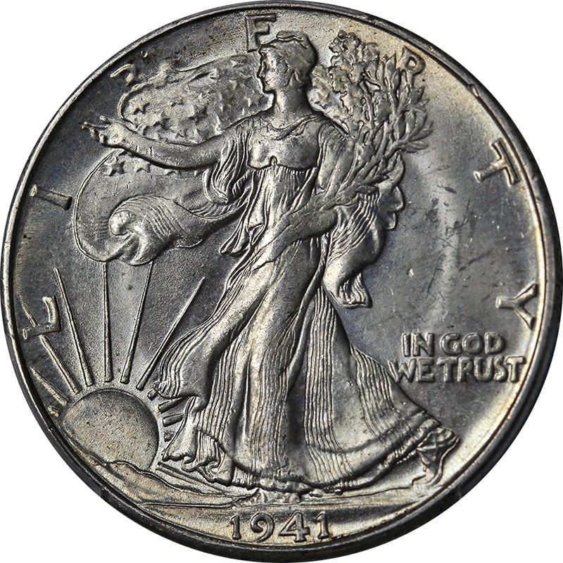 1941-D Walking Liberty Half Dollar PCGS MS65 Silver Coin: 1941-D Walking Liberty Half Dollar PCGS MS65 Silver Coin This 1941-D Walking Liberty Half is a stunning representation of American coinage, boasting an impressive MS65 grade from PCGS. The coin featur