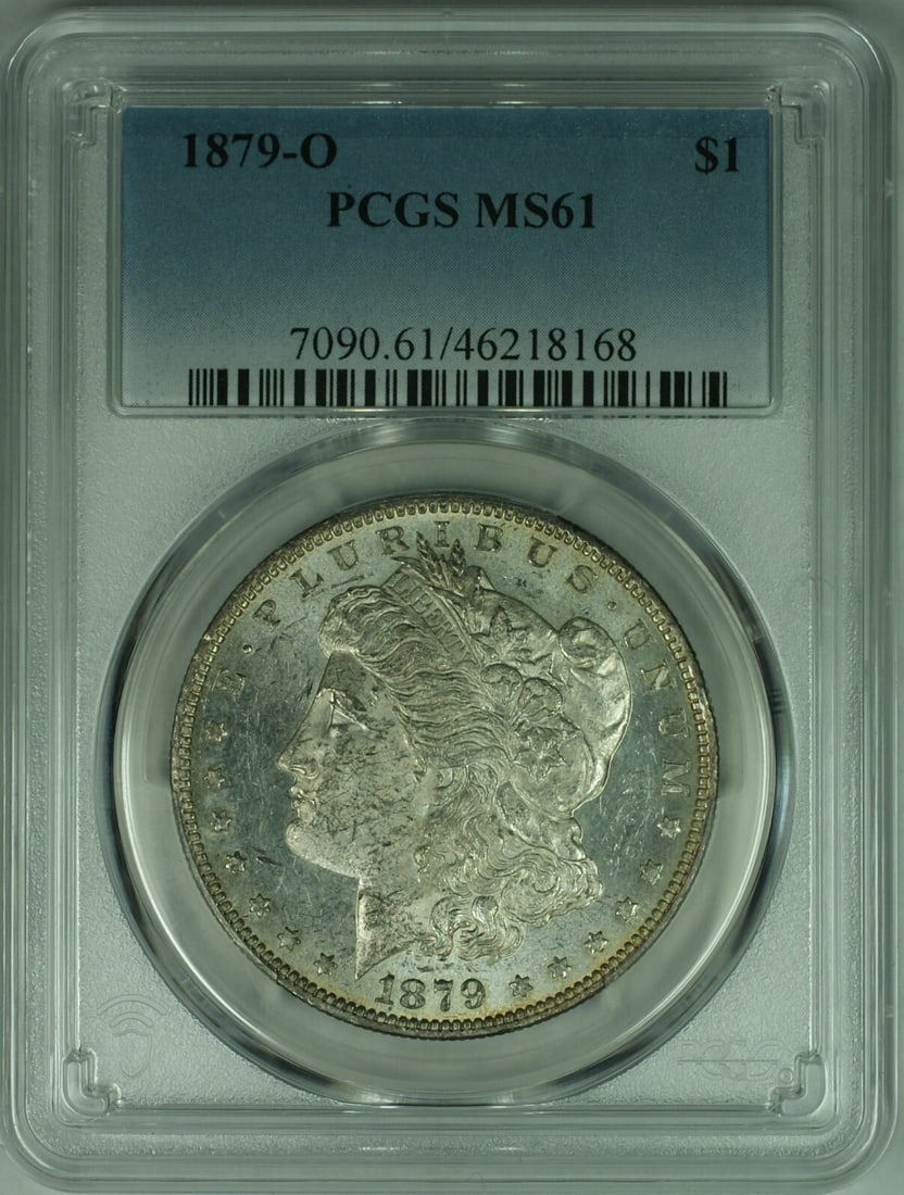 PCGS MS61 1879-O Morgan One Dollar Silver Coin from New Orleans Mint: PCGS MS61 1879-O Morgan One Dollar Silver Coin from New Orleans Mint This is an 1879-O Morgan Silver Dollar graded MS-61 by PCGS. Minted in New Orleans, the coin is composed of 90% silver and remains
