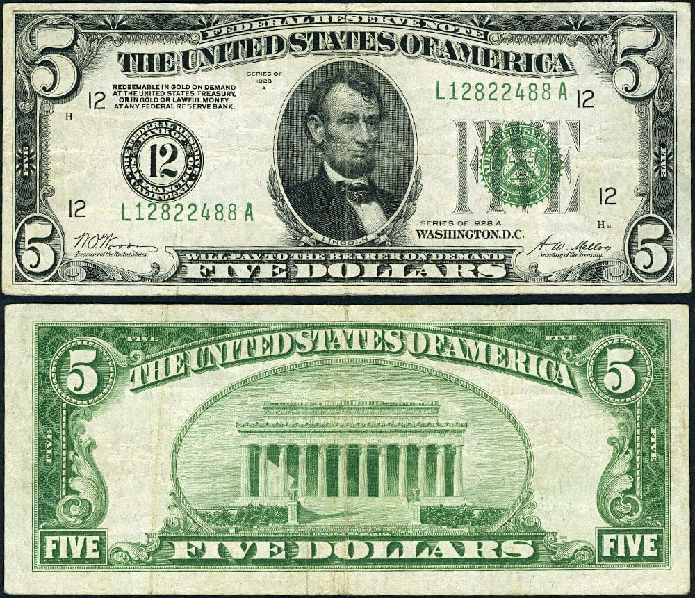 1928-A $5 San Francisco L-A Block Federal Reserve Note VF Grade (1 of 3)