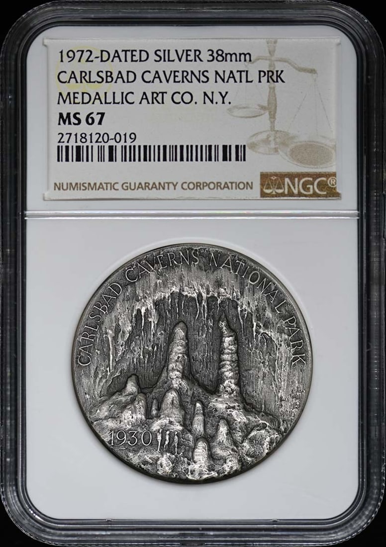 1972 Carlsbad Caverns National Park Silver Medallion NGC MS67: 1972 Carlsbad Caverns National Park Silver Medallion NGC MS67 Discover a stunning 1972-dated medallion commemorating Carlsbad Caverns National Park, graded MS67 by NGC. This uncirculated piece feature