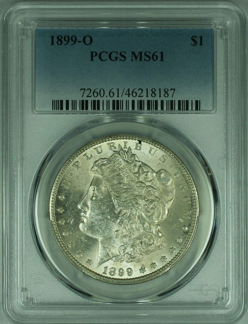 PCGS MS-61 1899-O Morgan Dollar Silver Coin from New Orleans Mint: PCGS MS-61 1899-O Morgan Dollar Silver Coin from New Orleans Mint This is an 1899-O Morgan Silver Dollar coin, certified by PCGS with a grade of MS-61. Minted in New Orleans, it is composed of 90% sil