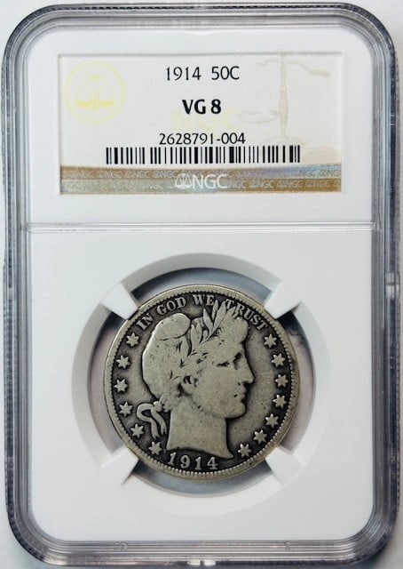 1914 Silver Half Dollar Graded VG-8 by NGC: 1914 Silver Half Dollar Graded VG-8 by NGC This 1914 Barber Half Dollar is certified by NGC with a grade of VG 8. Composed of silver, this circulated coin originates from the USA and is a pre-owned co