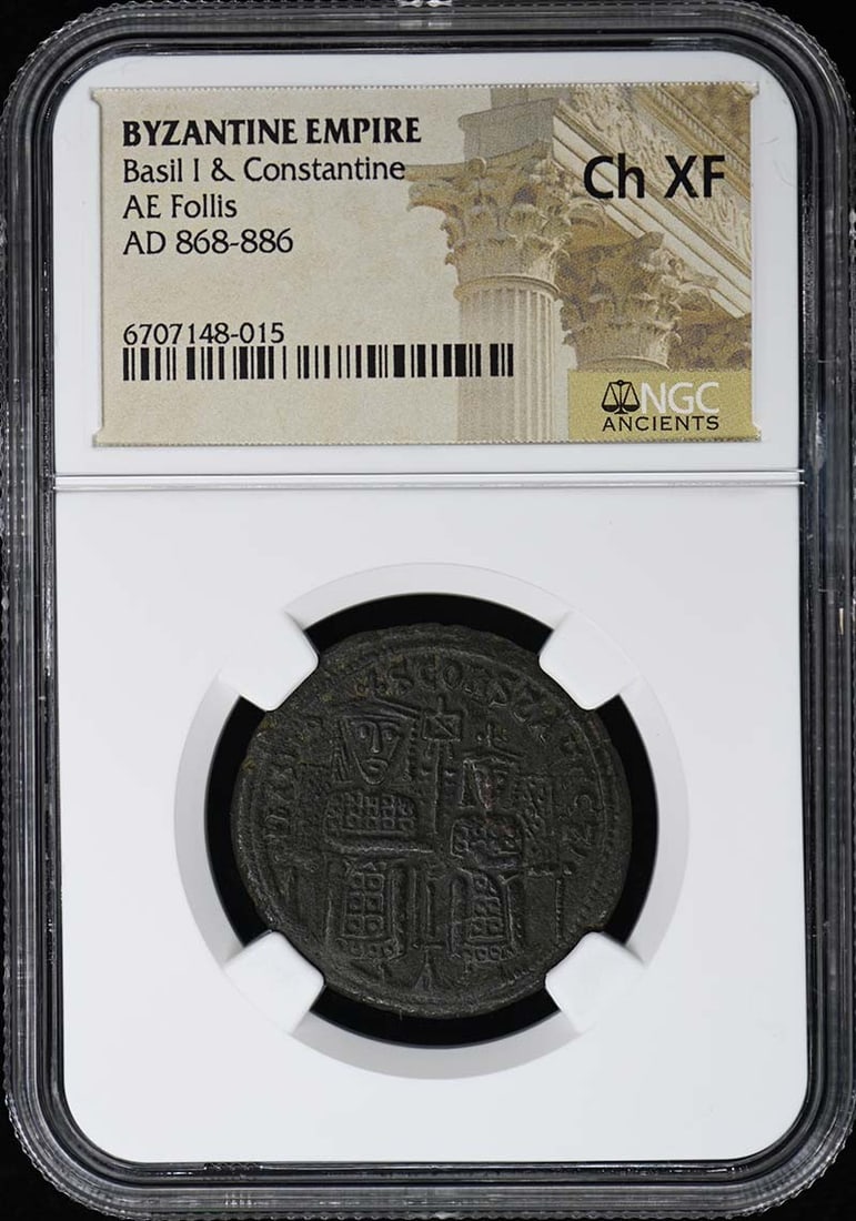 Basil I Constantine Byzantine Empire AE Follis NGC XF45 Certified: Basil I Constantine Byzantine Empire AE Follis NGC XF45 Certified This ancient coin features Basil I and Constantine from the Byzantine Empire, classified as an AE Follis. It has been graded by NGC as