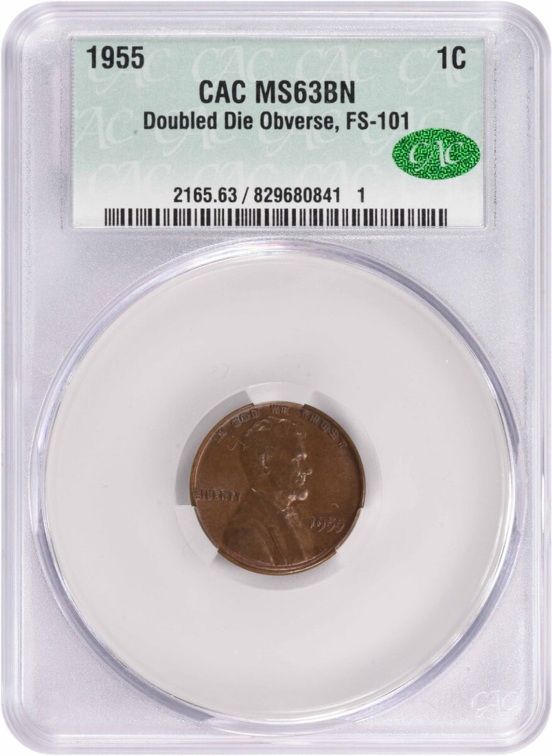 MS63BN CACG Certified 1955 Double Die Lincoln Wheat Cent: MS63BN CACG Certified 1955 Double Die Lincoln Wheat Cent This 1955 Lincoln Cent DDO FS-101 is an uncirculated coin graded MS63BN by CACG. Struck in copper, this small cent features the iconic Lincoln