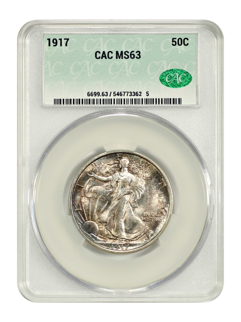 1917 Walking Liberty Half Dollar CACG MS63 Uncirculated 50C Coin: 1917 Walking Liberty Half Dollar CACG MS63 Uncirculated 50C Coin This is a 1917 Walking Liberty Half Dollar, certified by CACG with a grade of MS63. The coin is uncirculated and was minted in Philadel
