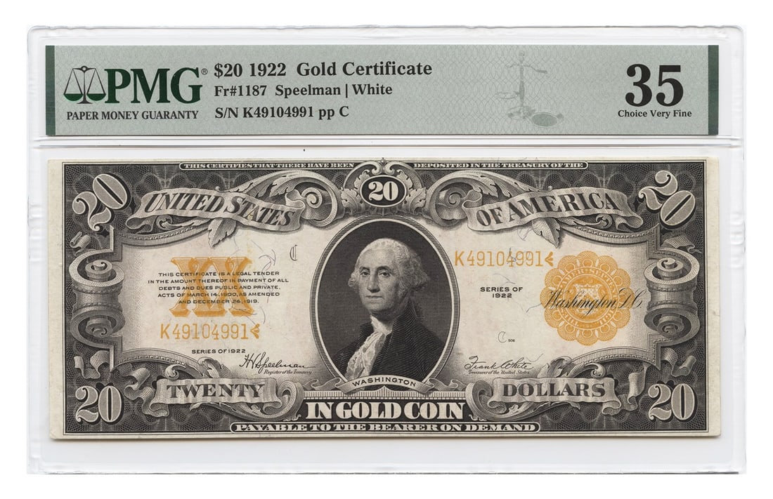 1922 $20 PMG Choice VF35 Gold Certificate Large Size: 1922 $20 PMG Choice VF35 Gold Certificate Large Size This 1922 $20 Gold Certificate is certified by PMG with a grade of Choice VF35. It features a large size format, showcasing bold ink and even wear,