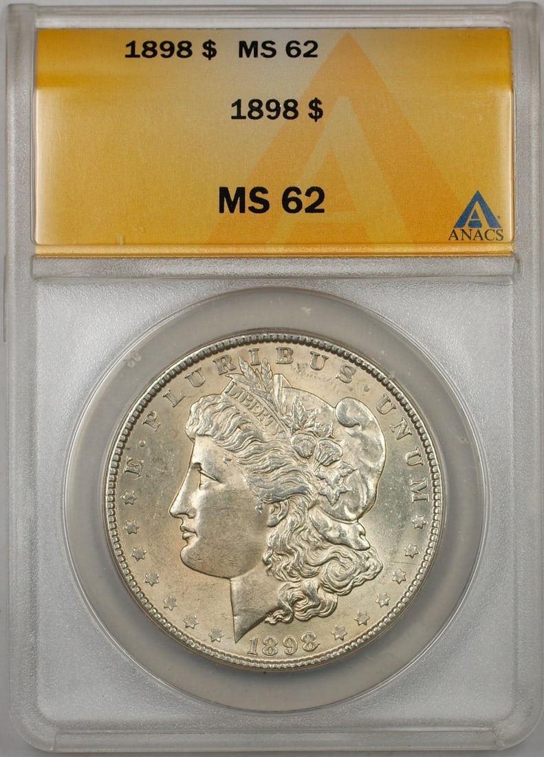 ANACS MS 62 1898 Morgan Dollar Silver Coin Philadelphia Mint: ANACS MS 62 1898 Morgan Dollar Silver Coin Philadelphia Mint This is an 1898 Morgan Silver Dollar $1 coin certified by ANACS with a grade of MS 62. Minted in Philadelphia, this uncirculated coin is co