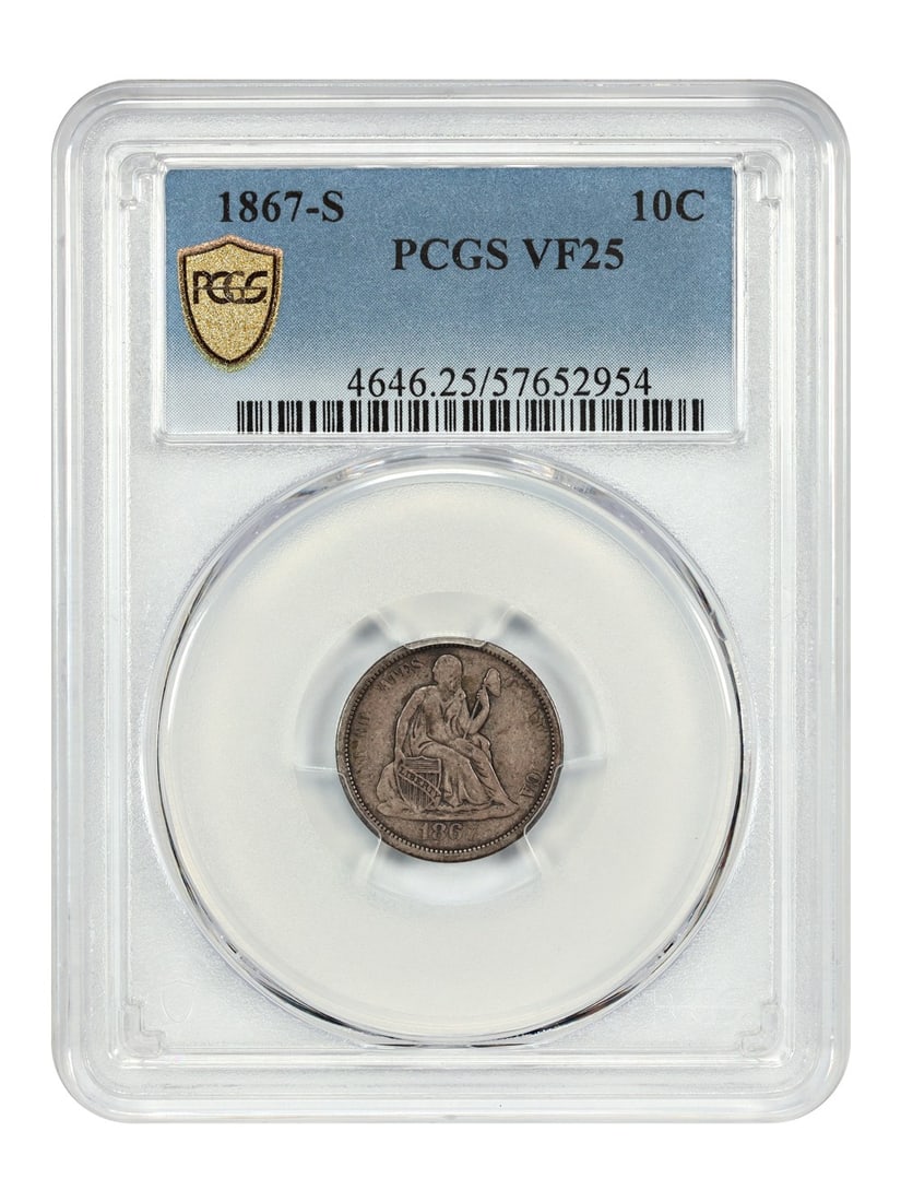 PCGS VF25 1867 San Francisco Liberty Seated Dime 10C: PCGS VF25 1867 San Francisco Liberty Seated Dime 10C This 1867-S Liberty Seated Dime is a circulated coin graded VF25 by PCGS. Minted in San Francisco, it belongs to the Liberty Seated Dime series and
