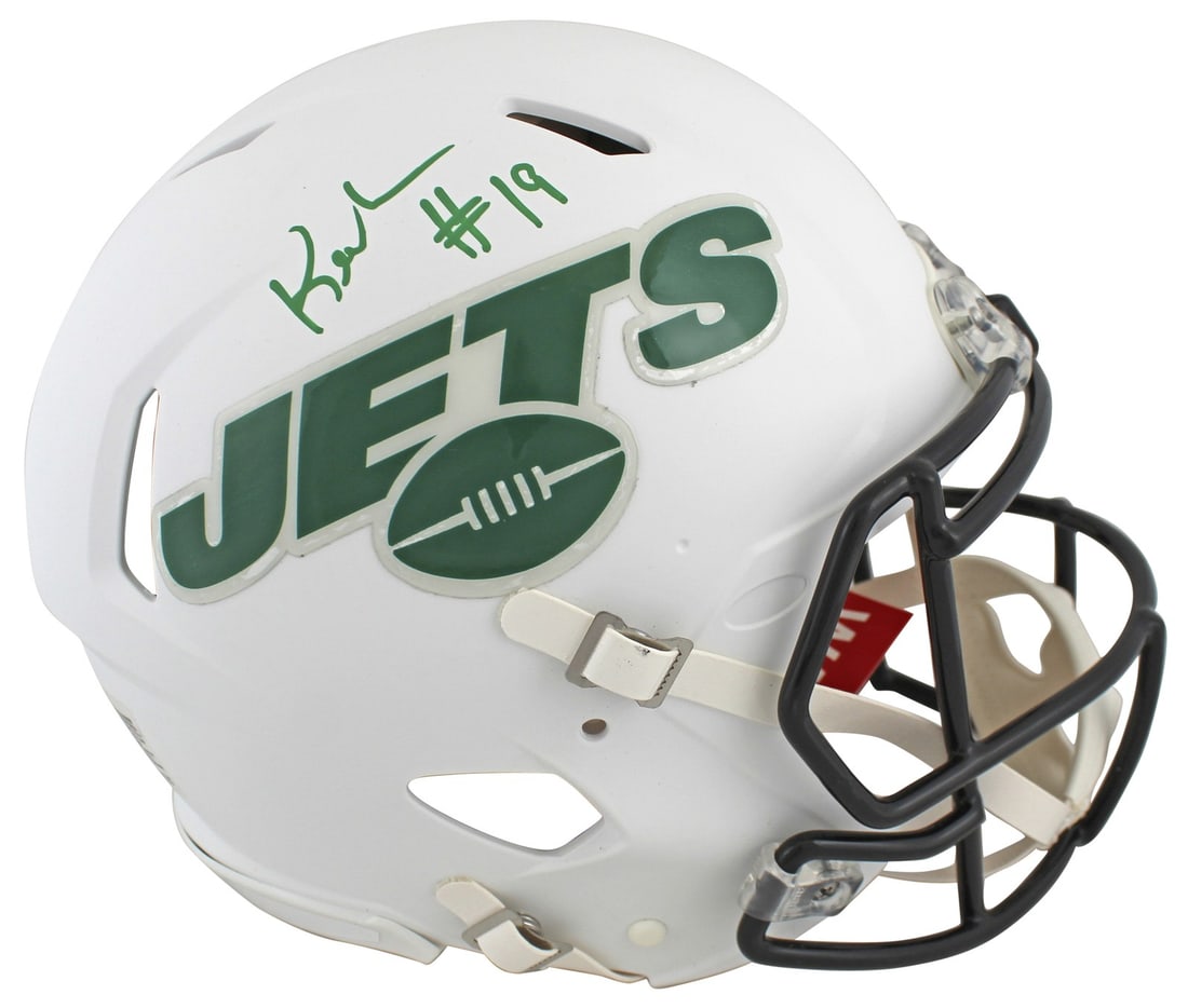 Keyshawn Johnson Signed Jets Flat White Speed Proline Helmet JSA Authenticated: Keyshawn Johnson Signed Jets Flat White Speed Proline Helmet JSA Authenticated This authentic full-size speed Proline helmet, featuring a striking alternate flat white design, has been personally sign
