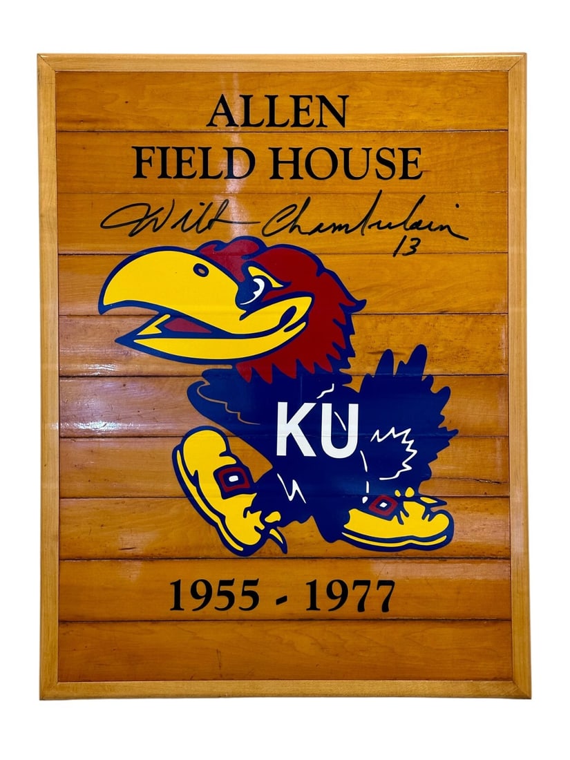 Wilt Chamberlain Signed Game Used Floor Piece 18x24 JSA MINT 9 Kansas Jayhawks: Wilt Chamberlain Signed Game Used Floor Piece 18x24 JSA MINT 9 Kansas Jayhawks Celebrate the legacy of Wilt Chamberlain with this exceptional 18" x 24" game-used floor piece from Kansas University's l