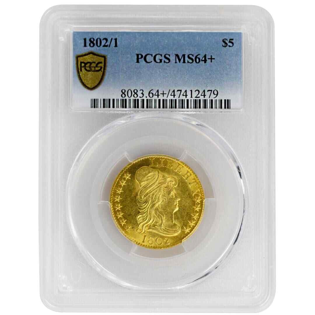 1802/1 $5 Draped Bust Gold Coin PCGS MS64+ Rare Heritage: 1802/1 $5 Draped Bust Gold Coin PCGS MS64+ Rare Heritage This stunning 1802/1 $5 Draped Bust coin, certified by PCGS with a grade of MS64+, is a remarkable piece for any collector. Minted in Philadelp