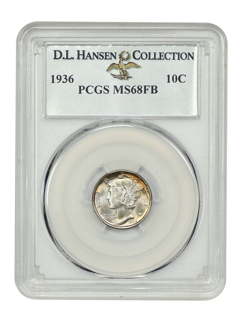 1936 Mercury Dime PCGS MS68FB Ultra Gem D.L. Hansen: 1936 Mercury Dime PCGS MS68FB Ultra Gem D.L. Hansen This stunning 1936 Mercury Dime, certified by PCGS with a grade of MS68FB, represents an ultra gem example in uncirculated condition. With less than
