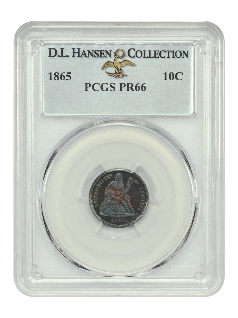 1865 10C Liberty Seated Dime PR66 PCGS D.L. Hansen Collection: 1865 10C Liberty Seated Dime PR66 PCGS D.L. Hansen Collection This 1865 10C PCGS PR66 Liberty Seated Dime is a stunning example of numismatic artistry, struck in Philadelphia during the final year of
