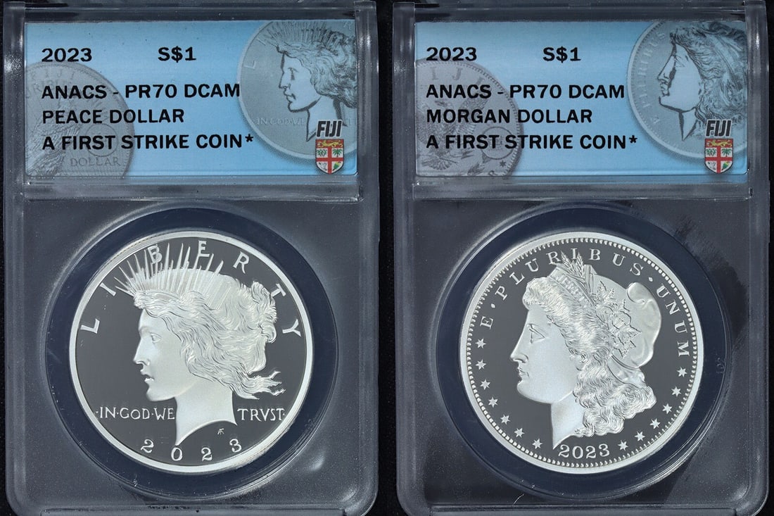 Fiji 2023 Morgan and Peace Silver Dollar Two Coin Proof Set ANACS PR70 DCAM: Fiji 2023 Morgan and Peace Silver Dollar Two Coin Proof Set ANACS PR70 DCAM This is a 2023 Fiji Morgan & Peace Silver Dollar 2-Coin Proof Set, graded ANACS PR70 DCAM First Strike. Each coin is compose