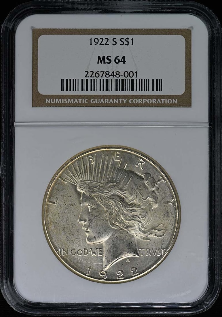 1922-S Peace Dollar NGC MS64 Uncirculated San Francisco Coin: 1922-S Peace Dollar NGC MS64 Uncirculated San Francisco Coin This 1922-S Peace Dollar is graded MS64 by NGC, ensuring its high quality and uncirculated status. Minted in San Francisco, this coin featu