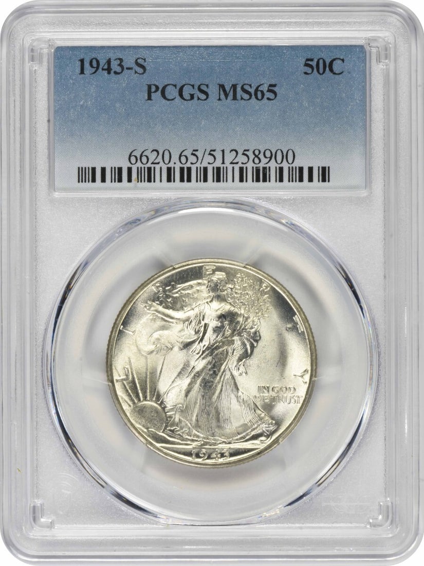 1943-S Walking Liberty Half Dollar MS65 Certified Silver Coin: 1943-S Walking Liberty Half Dollar MS65 Certified Silver Coin This 1943-S Walking Liberty Half Dollar is a stunning piece for any coin collector. Graded MS65 by PCGS, this uncirculated coin showcases