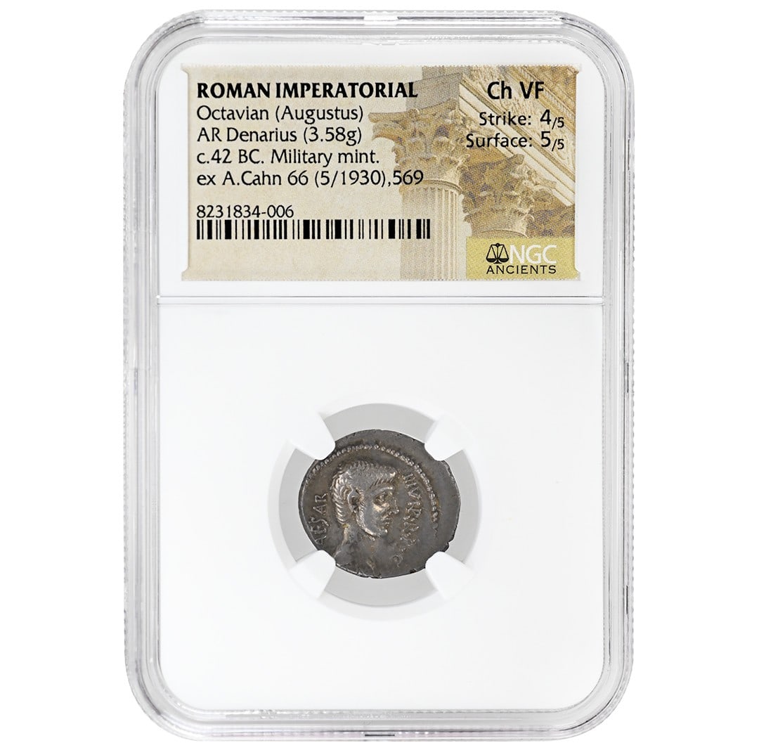 Silver Denarius Coin of Caesar Augustus NGC Certified Choice VF Grade: Silver Denarius Coin of Caesar Augustus NGC Certified Choice VF Grade This rare Roman Imperatorial AR Denarius coin features Caesar Augustus and is composed of silver. It has been certified by NGC wit