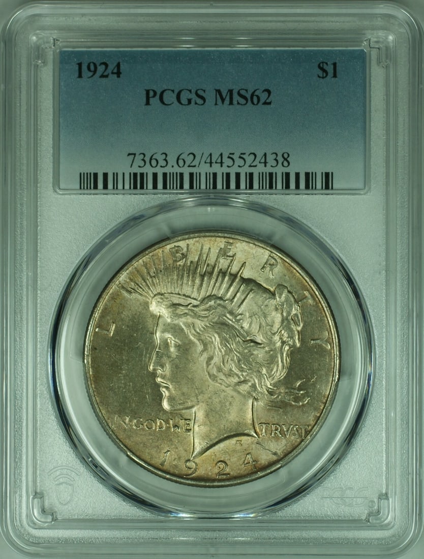 PCGS MS-62 1924 Peace Dollar Silver $1 Coin With Attractive Toning: PCGS MS-62 1924 Peace Dollar Silver $1 Coin With Attractive Toning This 1924 Peace Silver Dollar, minted in Philadelphia, is certified by PCGS with a grade of MS-62. The coin is composed of 90% silver