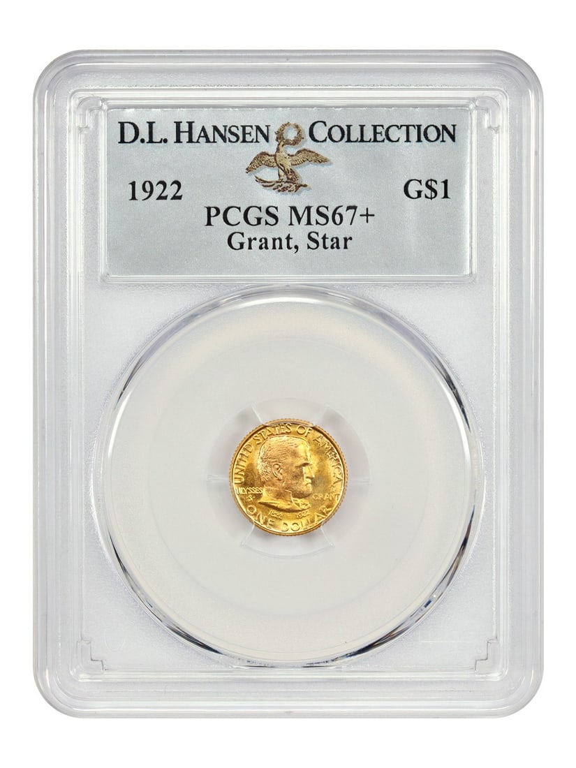 Grant Star 1922 Gold Dollar PCGS MS67 Plus Classic Commemorative Coin ex D L Hansen: Grant Star 1922 Gold Dollar PCGS MS67 Plus Classic Commemorative Coin ex D L Hansen This 1922 Grant Star gold commemorative coin is certified by PCGS with a grade of MS67+. It features bright orange-g