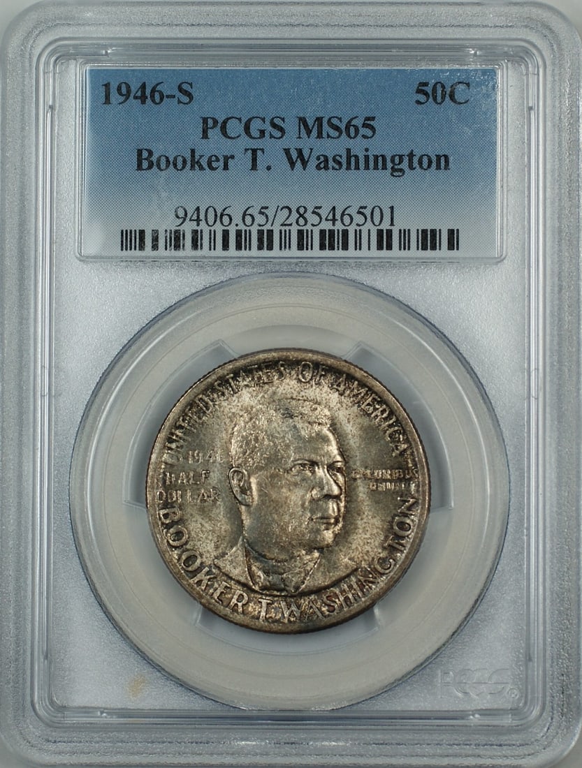 PCGS MS65 1946-S Silver Half Dollar Booker T Washington Commemorative Coin: PCGS MS65 1946-S Silver Half Dollar Booker T Washington Commemorative Coin This is a 1946-S Booker T. Washington commemorative silver half dollar coin graded MS-65 by PCGS. The coin features attractiv
