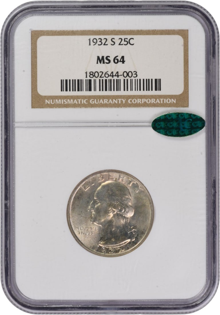 San Francisco 1932 Washington Quarter MS64 NGC CAC 90 Percent Silver: San Francisco 1932 Washington Quarter MS64 NGC CAC 90 Percent Silver This 1932-S Washington Quarter is graded MS64 by NGC and has received CAC approval. Struck at the San Francisco Mint, this coin is