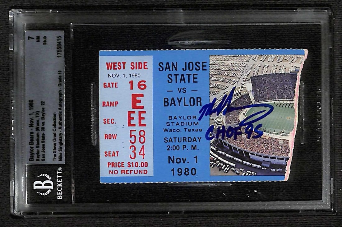 1980 Baylor vs San Jose State Ticket Signed Mike Singletary Auto 10 BAS CHOF 95: 1980 Baylor vs San Jose State Ticket Signed Mike Singletary Auto 10 BAS CHOF 95 This remarkable collectible features an original full ticket from the historic November 1, 1980, football game between B