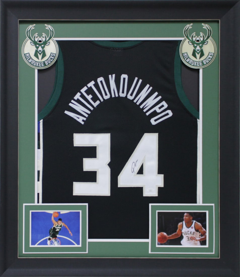 Giannis Antetokounmpo Signed Framed Jersey Milwaukee Bucks JSA Certified: Giannis Antetokounmpo Signed Framed Jersey Milwaukee Bucks JSA Certified Celebrate the legacy of Giannis Antetokounmpo with this authentic signed black pro style framed jersey. Personally signed by th