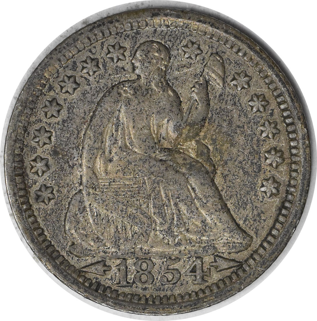 1854 Liberty Seated Half Dime AU 90% Silver by Gobrecht: 1854 Liberty Seated Half Dime AU 90% Silver by Gobrecht This 1854 Liberty Seated Silver Half Dime, featuring the design by Christian Gobrecht, is a remarkable piece from the Philadelphia mint. It is c