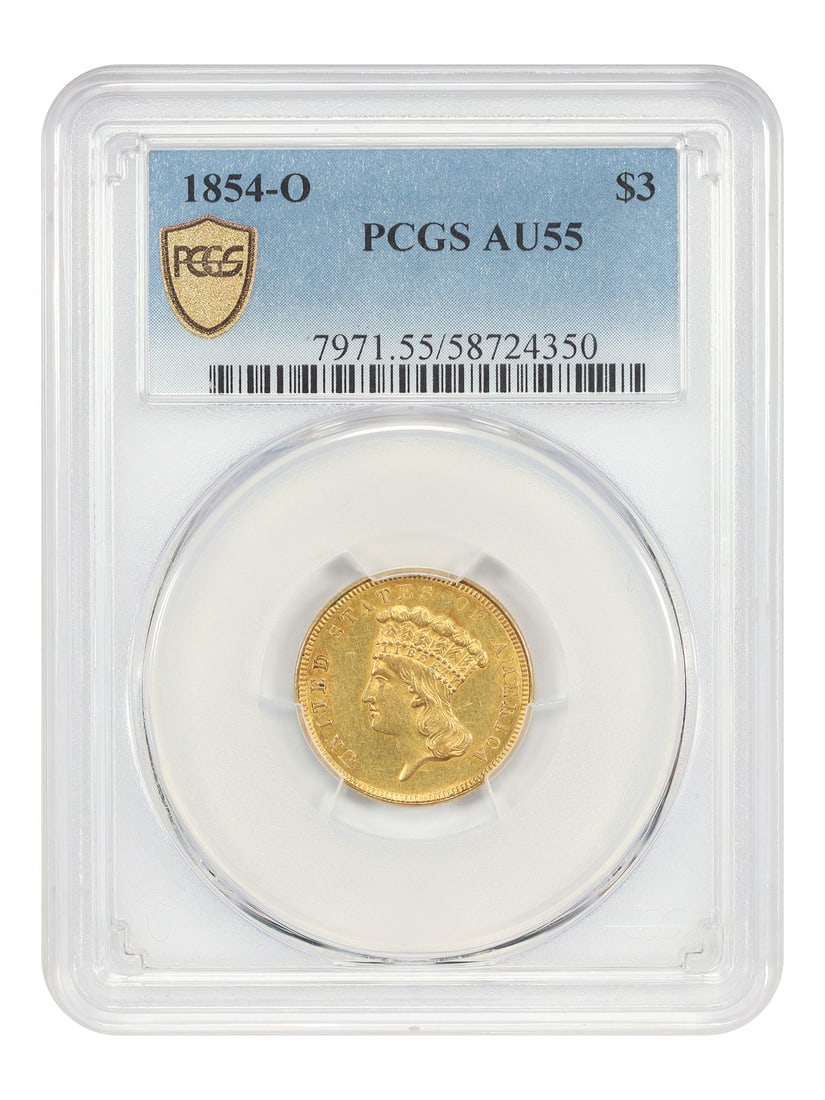 1854-O Three Dollar Gold Coin PCGS AU55 New Orleans Low Mintage (1 of 4)