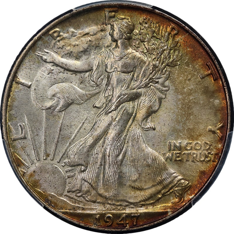 1947-P Walking Liberty Half Dollar PCGS MS67 Original Mint Set Toning: 1947-P Walking Liberty Half Dollar PCGS MS67 Original Mint Set Toning This stunning 1947-P Walking Liberty Half is graded PCGS MS67, showcasing its exceptional quality and eye appeal. The coin feature
