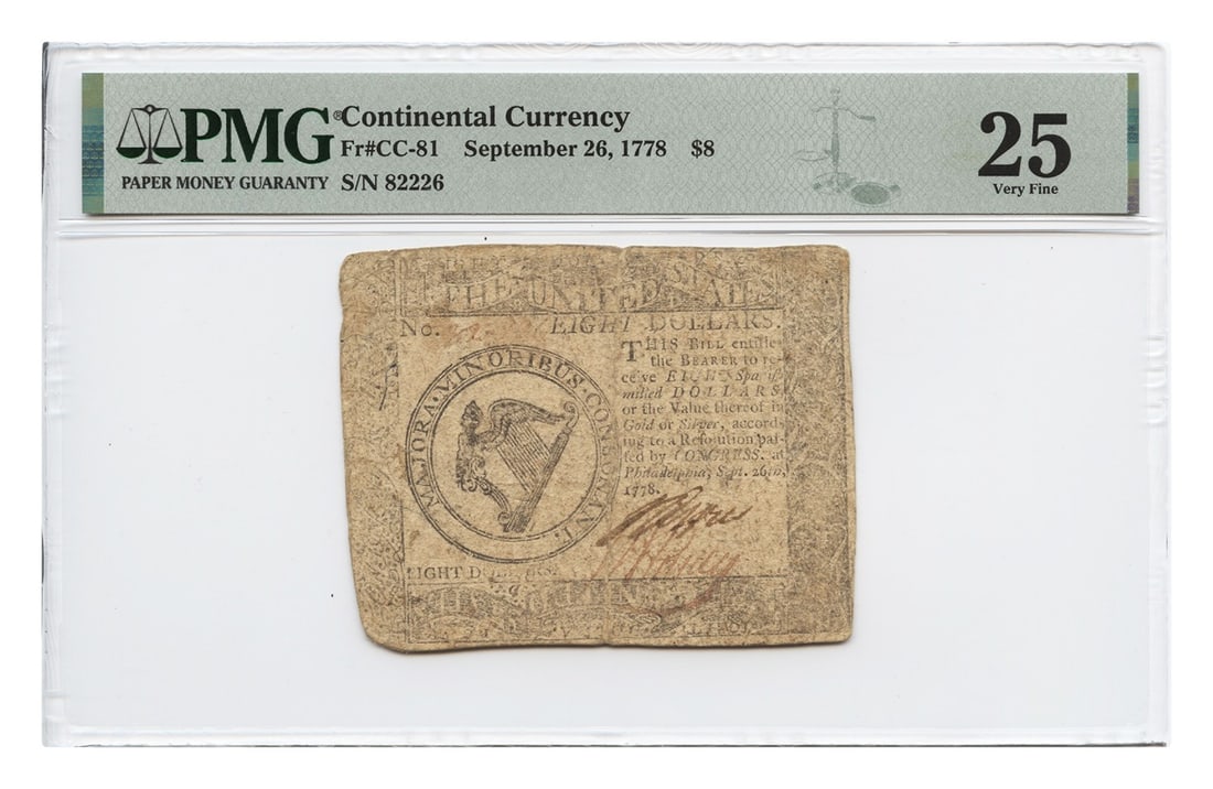 $8 Continental Colonial Currency 1778 PMG VF25 Certified Note: $8 Continental Colonial Currency 1778 PMG VF25 Certified Note This is a $8 Continental Colonial Currency note issued on September 26, 1778, certified by PMG with a grade of VF25. It is a circulated pi