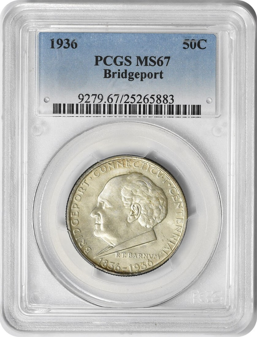 1936 Bridgeport Commemorative Silver Half Dollar MS67 PCGS: 1936 Bridgeport Commemorative Silver Half Dollar MS67 PCGS This 1936 Bridgeport Commemorative Silver Half Dollar is a stunning piece for any coin collector. Graded MS67 by PCGS, this uncirculated coin