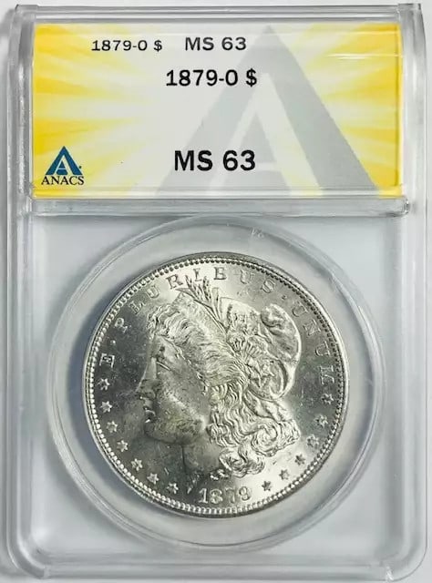 ANACS MS 63 1879 New Orleans Morgan Silver Dollar: ANACS MS 63 1879 New Orleans Morgan Silver Dollar This 1879-O Morgan Silver Dollar is certified by ANACS with a grade of MS 63, indicating it is uncirculated. Minted in New Orleans, this pre-owned coi