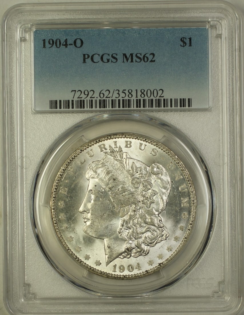 PCGS MS62 1904-O New Orleans Morgan Silver Dollar Uncirculated $1 Coin: PCGS MS62 1904-O New Orleans Morgan Silver Dollar Uncirculated $1 Coin This is a 1904-O Morgan Silver Dollar $1 coin, certified by PCGS with a grade of MS-62. Minted in New Orleans, the coin is compos