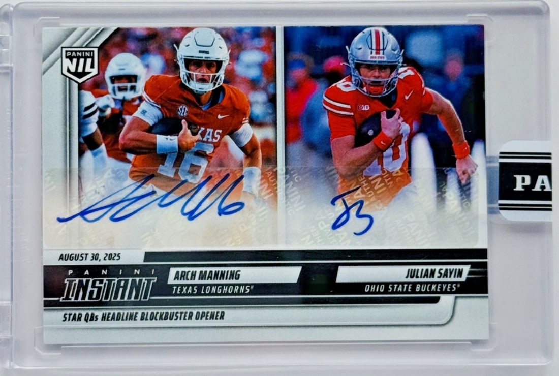2025 Panini Instant Arch Manning Julian Sayin Autographed Football Card Limited to 99: 2025 Panini Instant Arch Manning Julian Sayin Autographed Football Card Limited to 99 This 2025 Panini Instant Arch Manning/Julian Sayin #AMJSA Autographed Football Card is an exceptional collectible