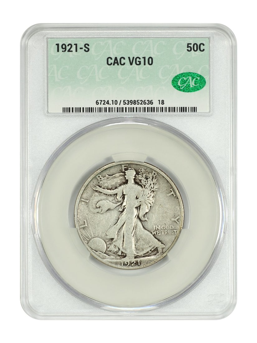 CACG Certified 1921 San Francisco Walking Liberty Half Dollar Key Date 50 Cent Coin: CACG Certified 1921 San Francisco Walking Liberty Half Dollar Key Date 50 Cent Coin This 1921-S Walking Liberty Half Dollar is a key date coin certified by CACG with a grade of VG10. Struck at the San