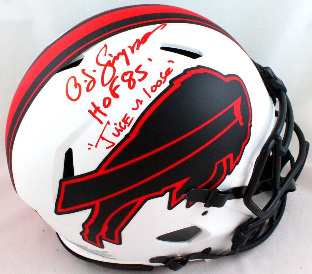 OJ Simpson Signed Buffalo Bills Lunar Helmet with Inscriptions JSA Authenticated: OJ Simpson Signed Buffalo Bills Lunar Helmet with Inscriptions JSA Authenticated This authentic Buffalo Bills helmet is autographed by legendary player OJ Simpson, featuring two inscriptions that add