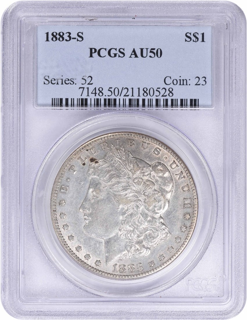 1883-S Morgan Silver Dollar AU50 PCGS San Francisco 90% Silver: 1883-S Morgan Silver Dollar AU50 PCGS San Francisco 90% Silver This 1883-S Morgan Silver Dollar is a stunning example of American coinage, showcasing its historical significance and beauty. Graded AU5