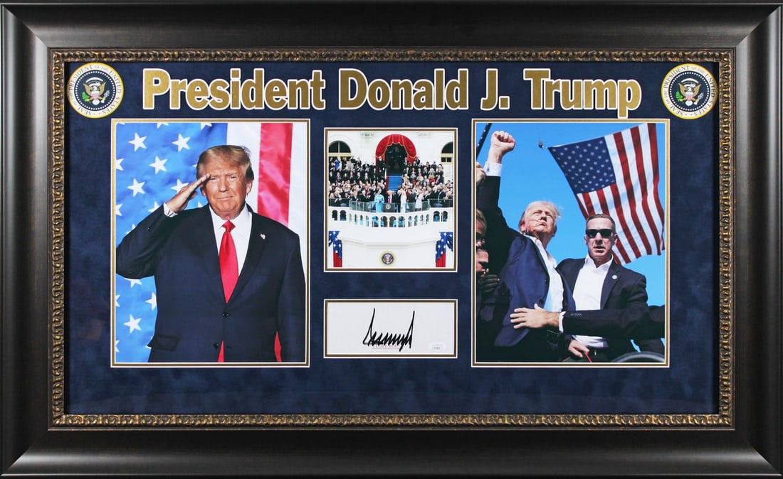 Donald J Trump Signed Framed Cut Signature JSA Authentic: Donald J Trump Signed Framed Cut Signature JSA Authentic This authentically signed and framed cut signature has been personally signed by Donald J. Trump. Each autograph is unique, as they are hand-si