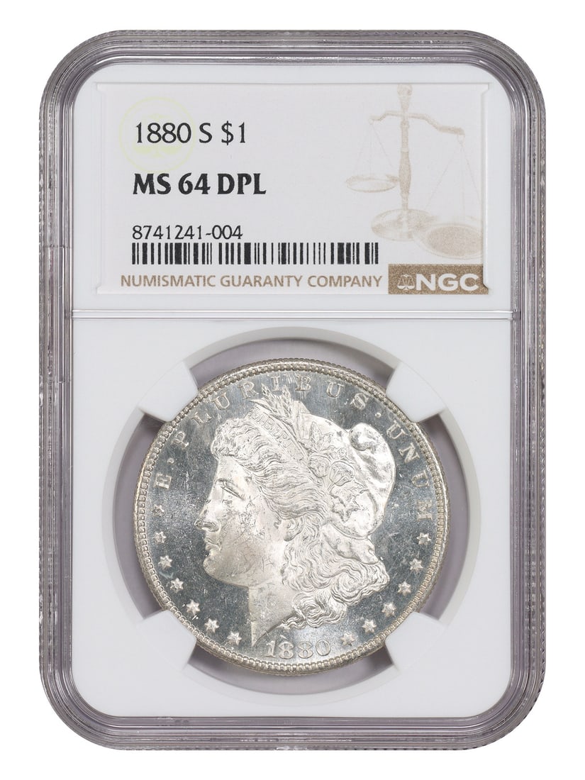 NGC MS64DMPL 1880 San Francisco Morgan Silver Dollar: NGC MS64DMPL 1880 San Francisco Morgan Silver Dollar This is an 1880-S Morgan Dollar graded MS64DMPL by NGC. The coin is uncirculated and features a deep mirror prooflike (DMPL) surface. Minted in San