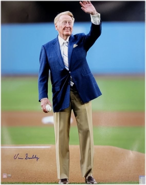 Vin Scully Autographed 16x20 Photo Dodgers Stadium JSA Certified: Vin Scully Autographed 16x20 Photo Dodgers Stadium JSA Certified This is an original autographed 16X20 photo of Vin Scully, the legendary broadcaster known for his time with the Los Angeles Dodgers. C