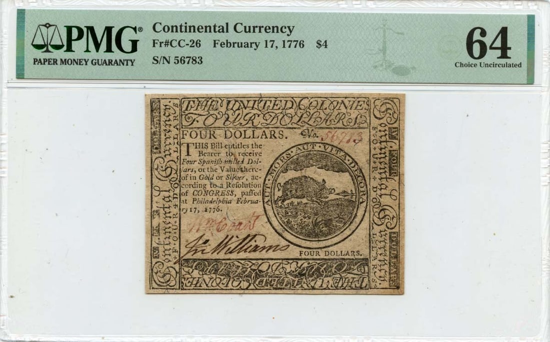 1776 $4 Continental Currency FR#CC-26 PMG MS64 Uncirculated Note (1 of 2)