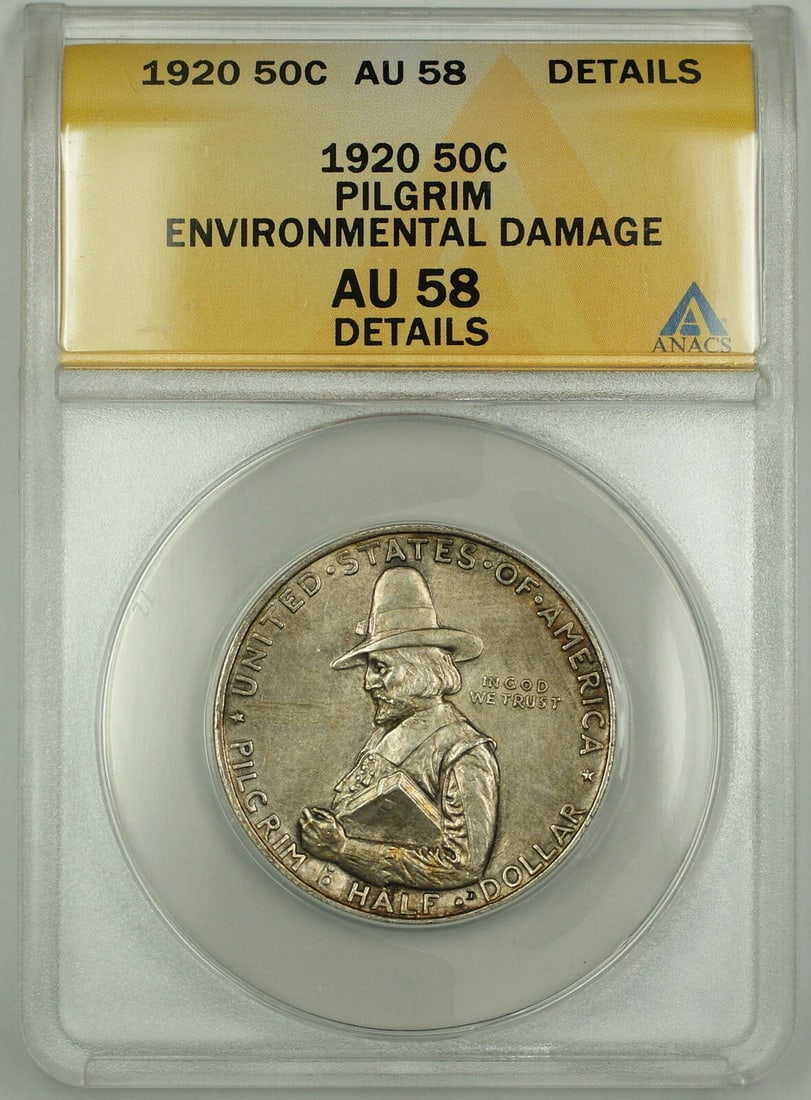 1920 Silver Pilgrim Half Dollar ANACS AU 58 Details Environmental Damage: 1920 Silver Pilgrim Half Dollar ANACS AU 58 Details Environmental Damage This 1920 Pilgrim Commemorative Silver Half Dollar is graded AU-58 Details by ANACS and shows signs of environmental damage. Th