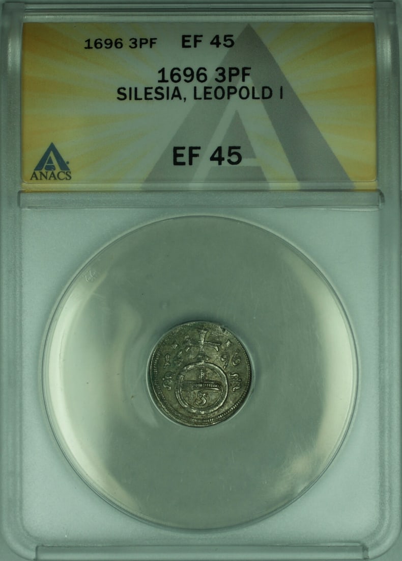 Leopold I 1696 Silesia Prussia 3 Pfennig ANACS XF-45 Silver Coin: Leopold I 1696 Silesia Prussia 3 Pfennig ANACS XF-45 Silver Coin This 1696 Silesia under Prussia 3 Pfennig silver coin features Leopold I and is graded XF 45 (Extremely Fine) by ANACS. The coin is com